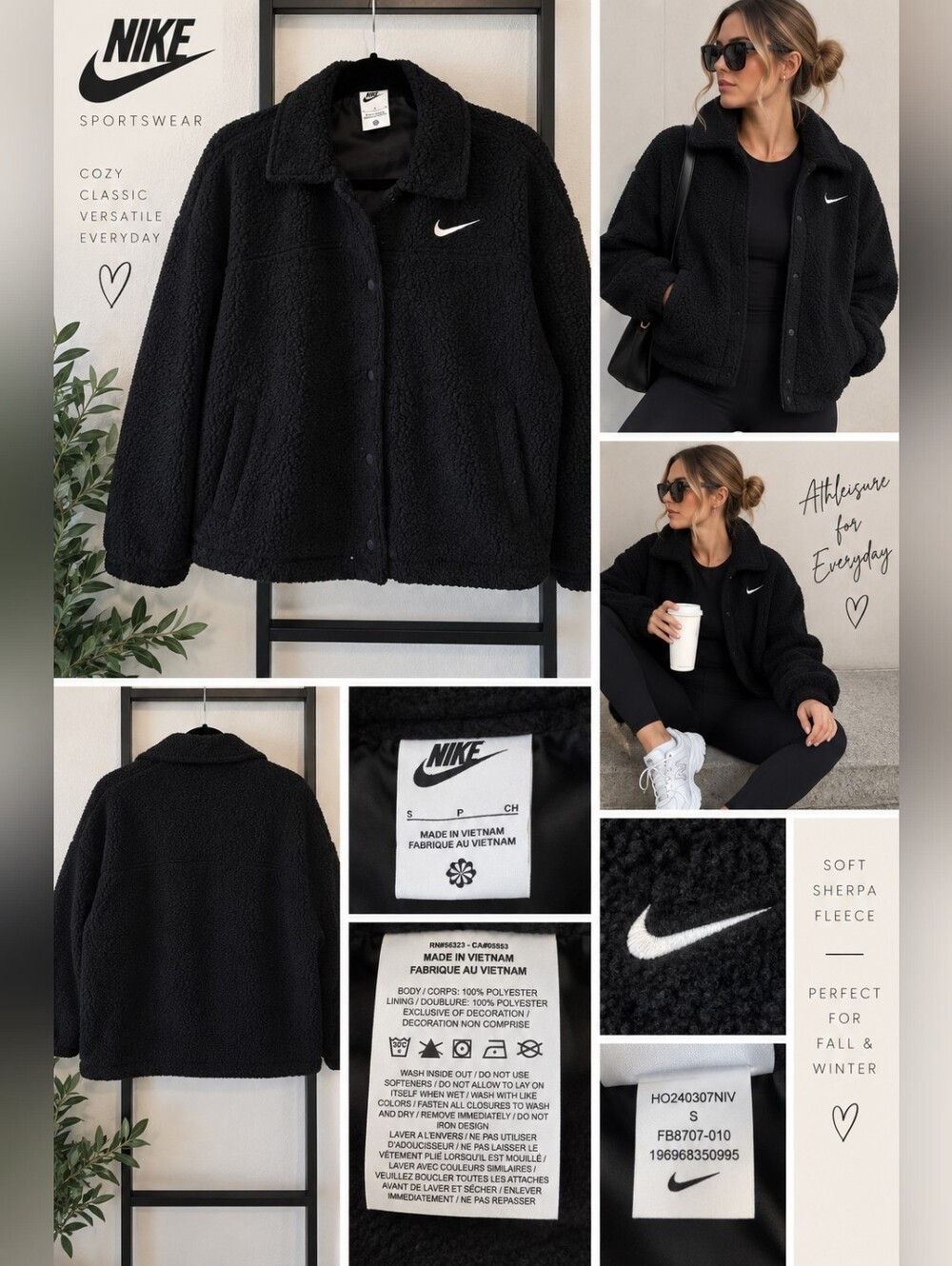 Nike Sportswear Black Sherpa Fleece Jacket – Size Small